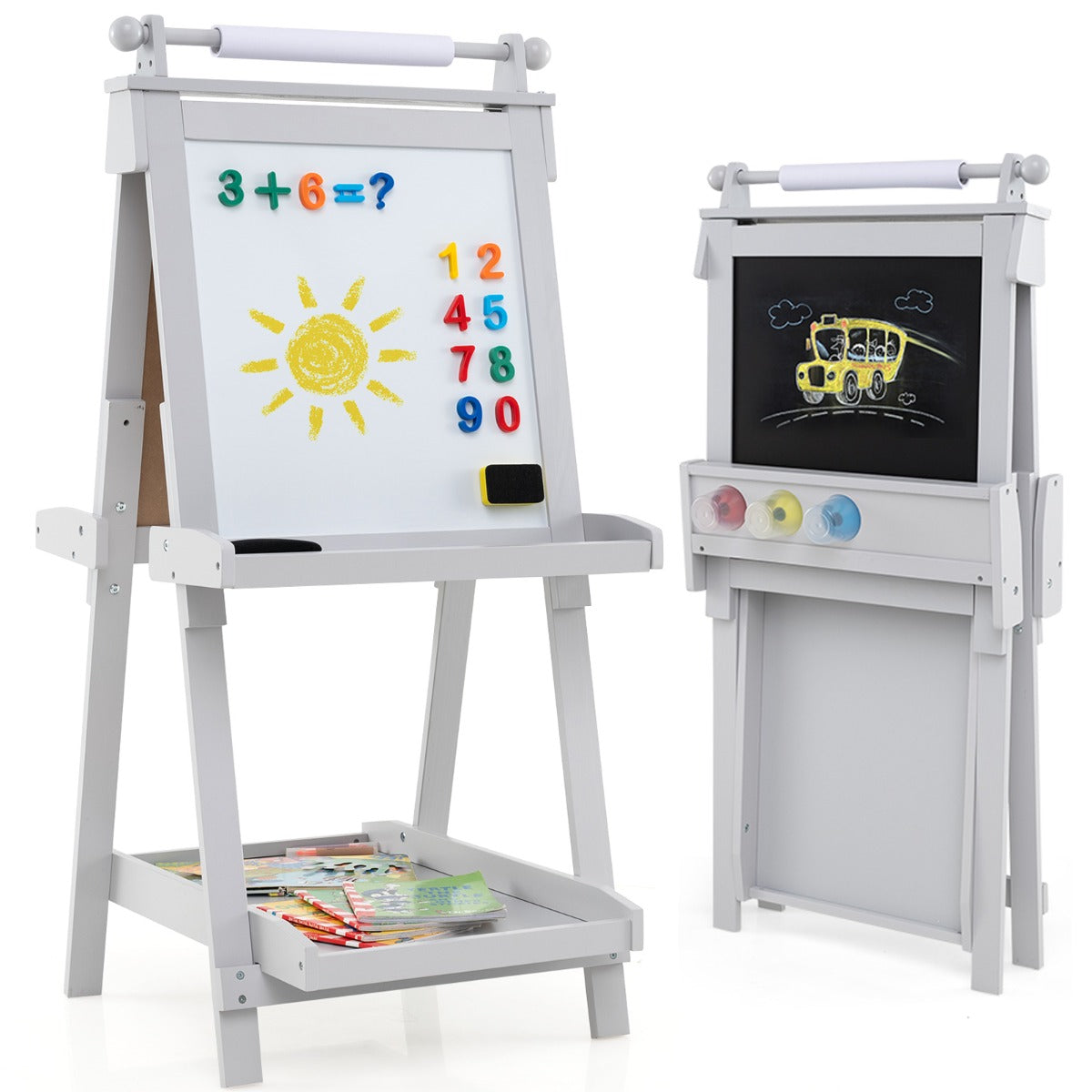 3-in-1 Foldable Double-sided Art Easel with Chalkboard and Whiteboard-Grey