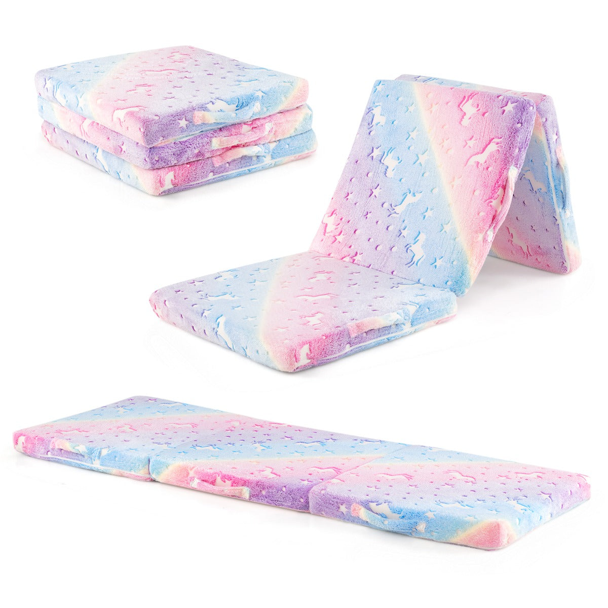 Foldable Floor Mattress with Washable Flannel Cover and Storage Bag-Colourful