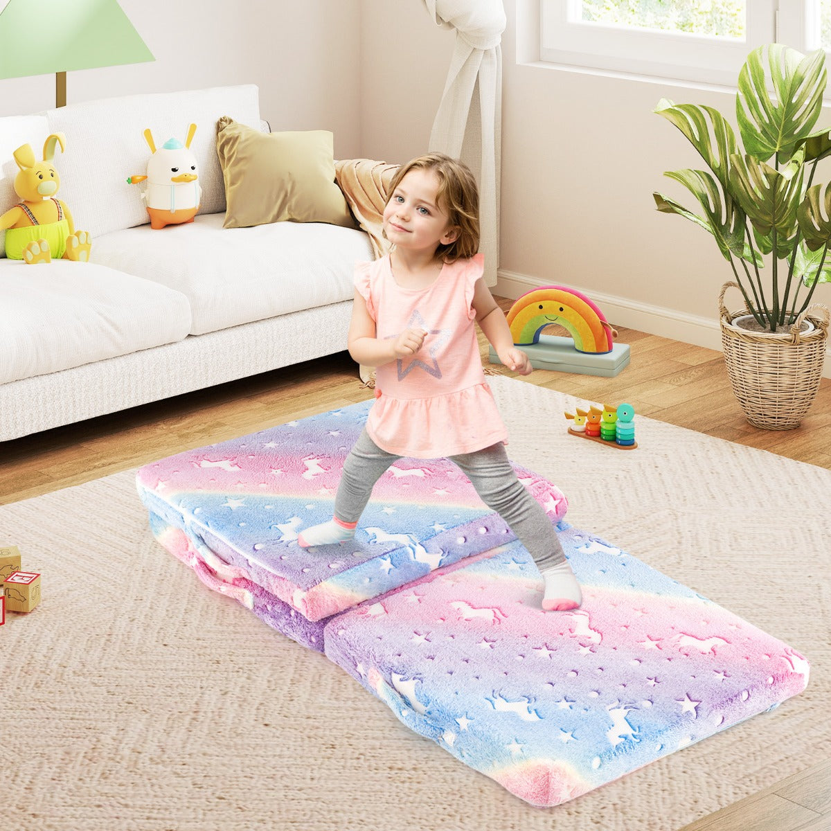Foldable Floor Mattress with Washable Flannel Cover and Storage Bag-Colourful