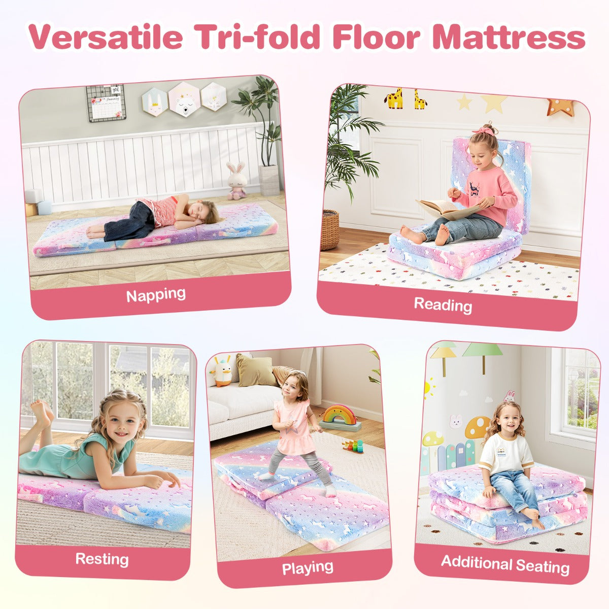 Foldable Floor Mattress with Washable Flannel Cover and Storage Bag-Colourful