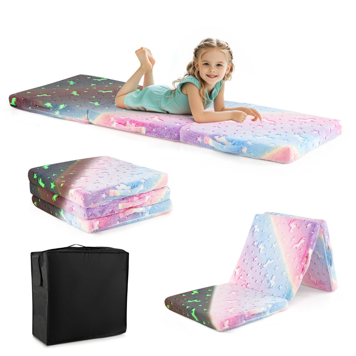 Foldable Floor Mattress with Washable Flannel Cover and Storage Bag-Colourful