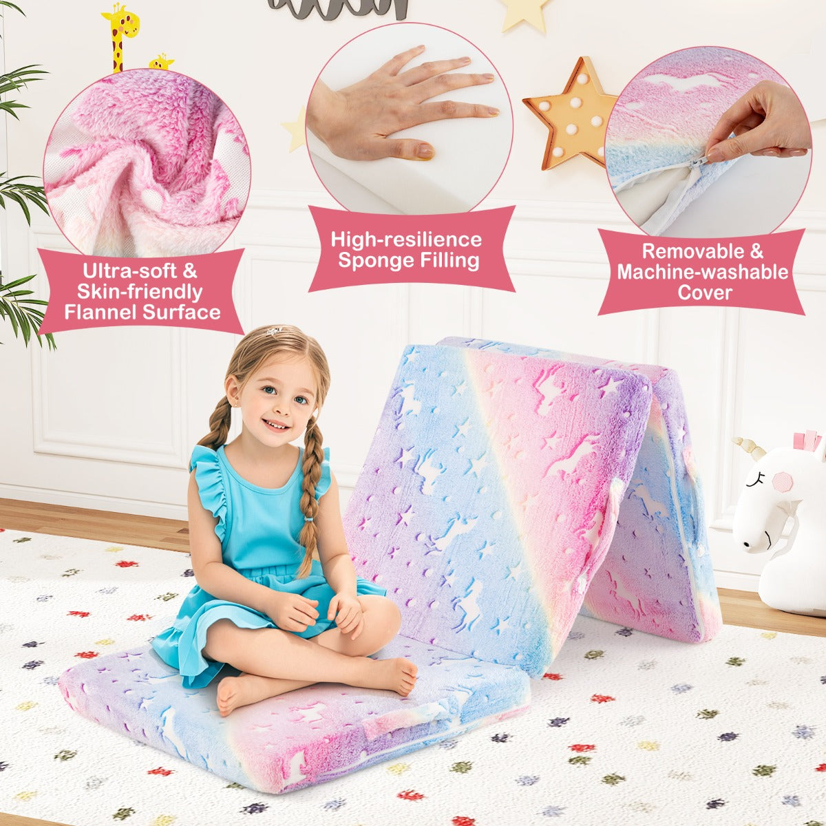 Foldable Floor Mattress with Washable Flannel Cover and Storage Bag-Colourful