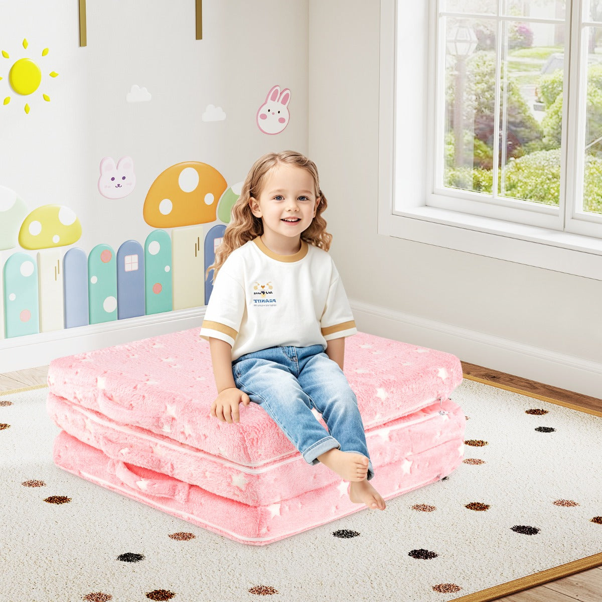 Foldable Floor Mattress with Washable Flannel Cover and Storage Bag-Pink