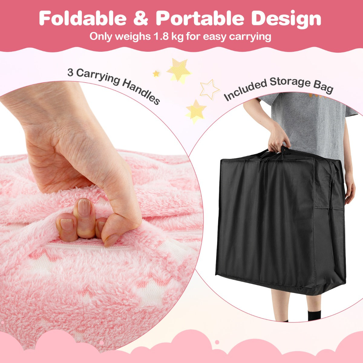Foldable Floor Mattress with Washable Flannel Cover and Storage Bag-Pink