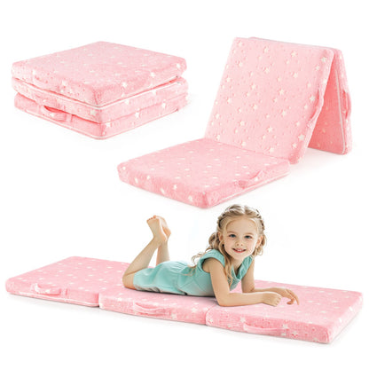 Foldable Floor Mattress with Washable Flannel Cover and Storage Bag-Pink