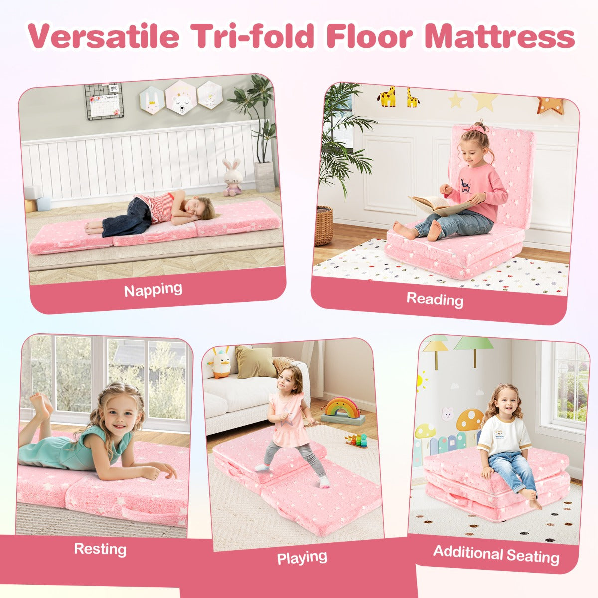 Foldable Floor Mattress with Washable Flannel Cover and Storage Bag-Pink