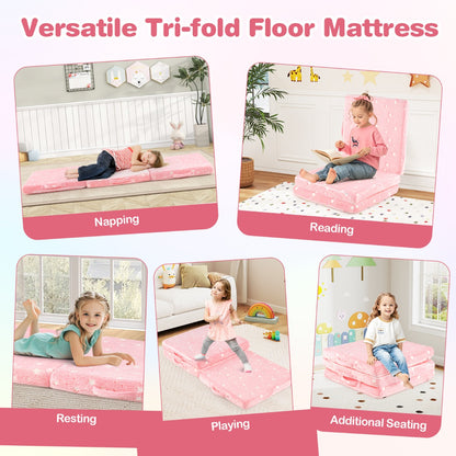 Foldable Floor Mattress with Washable Flannel Cover and Storage Bag-Pink