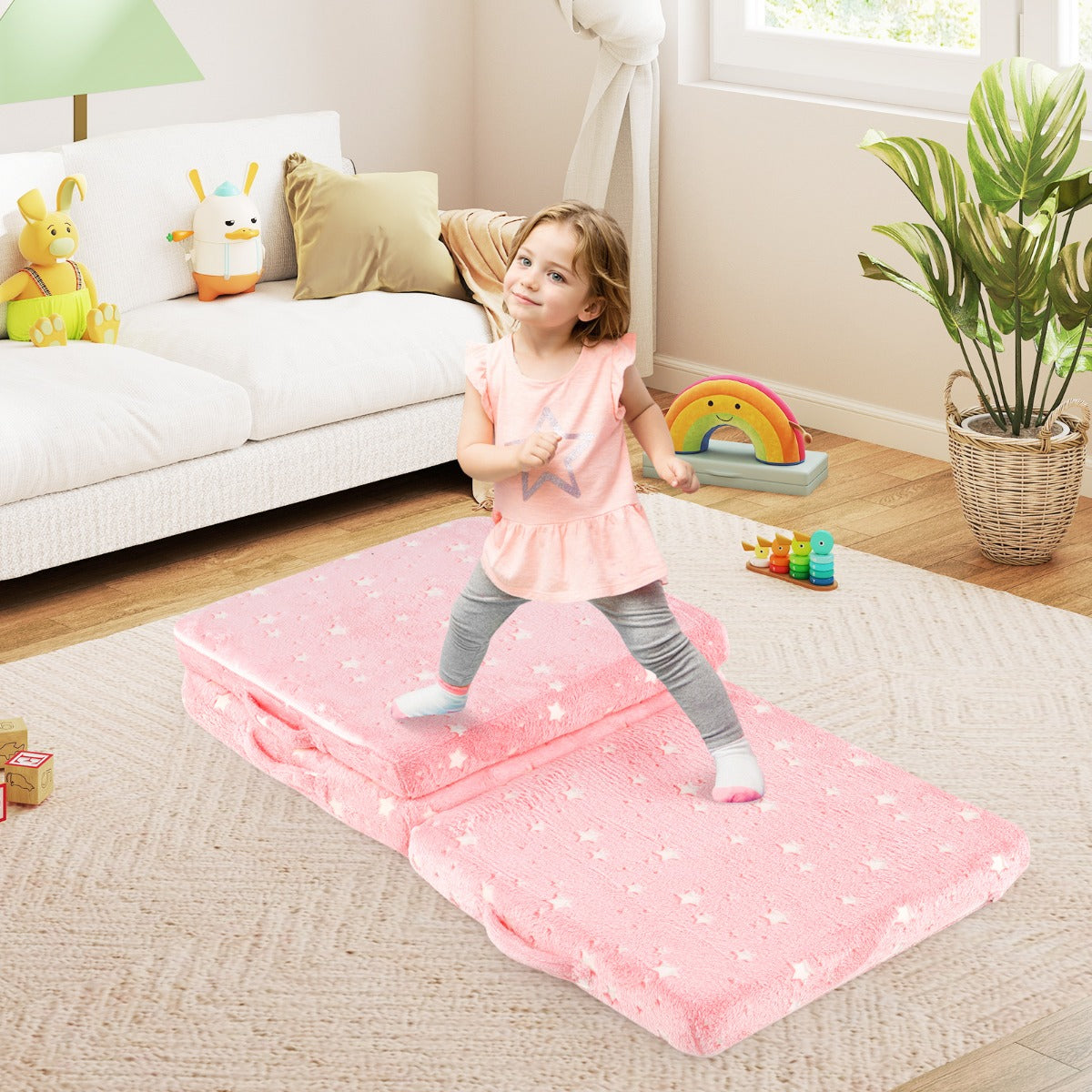 Foldable Floor Mattress with Washable Flannel Cover and Storage Bag-Pink