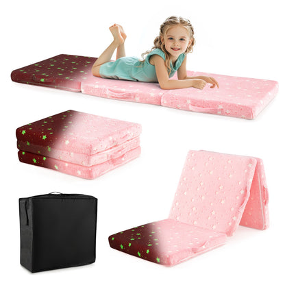Foldable Floor Mattress with Washable Flannel Cover and Storage Bag-Pink