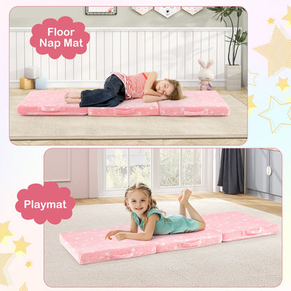 Foldable Floor Mattress with Washable Flannel Cover and Storage Bag-Pink