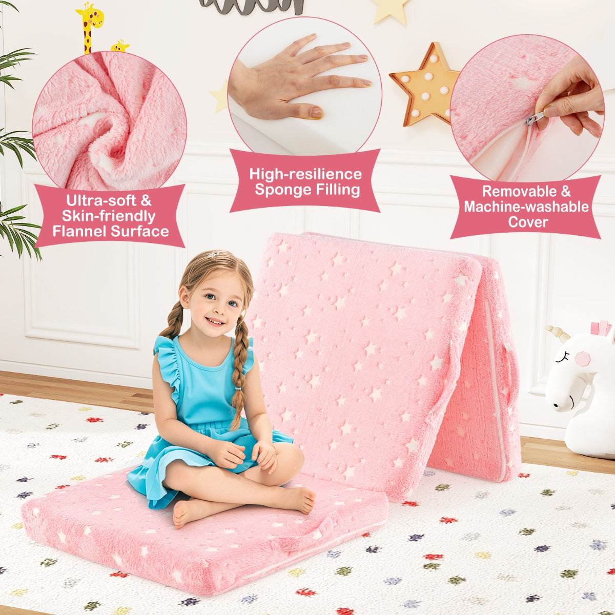 Foldable Floor Mattress with Washable Flannel Cover and Storage Bag-Pink