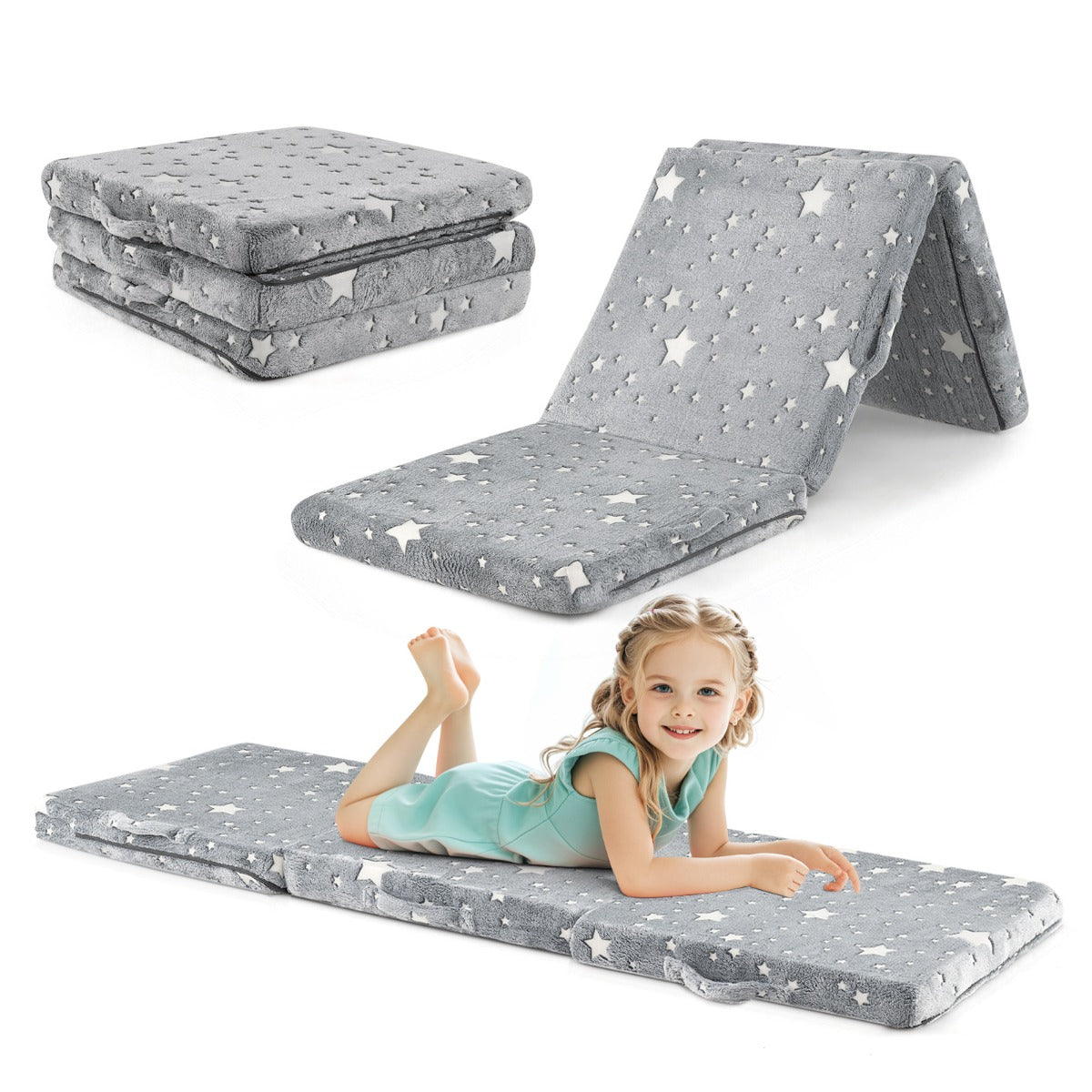 Foldable Floor Mattress with Washable Flannel Cover and Storage Bag-Grey