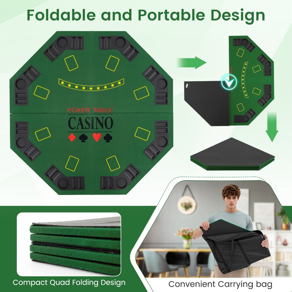 1.2M 8 Player Foldable Holdem Poker Table Topper with Carrying Bag-Green