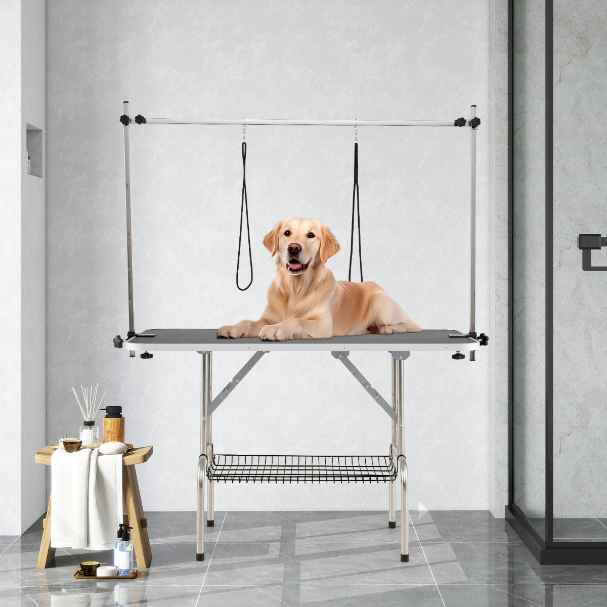 Foldable Home Pet Bathing Station with Height Adjustable Arms-Black