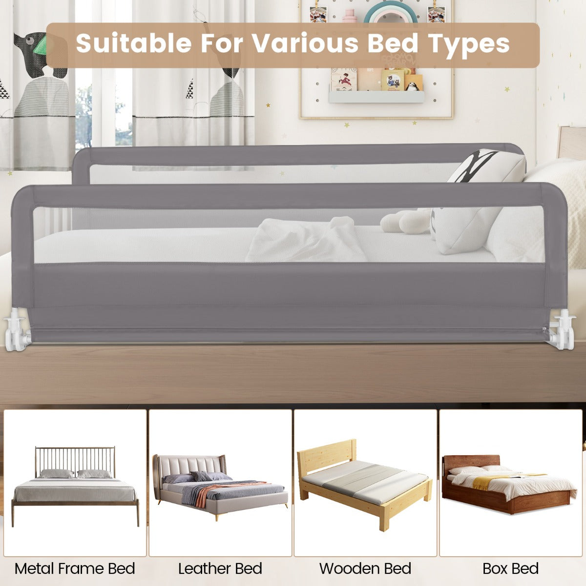 Foldable Mesh Bed Rail with Safety Straps for Toddlers-Grey