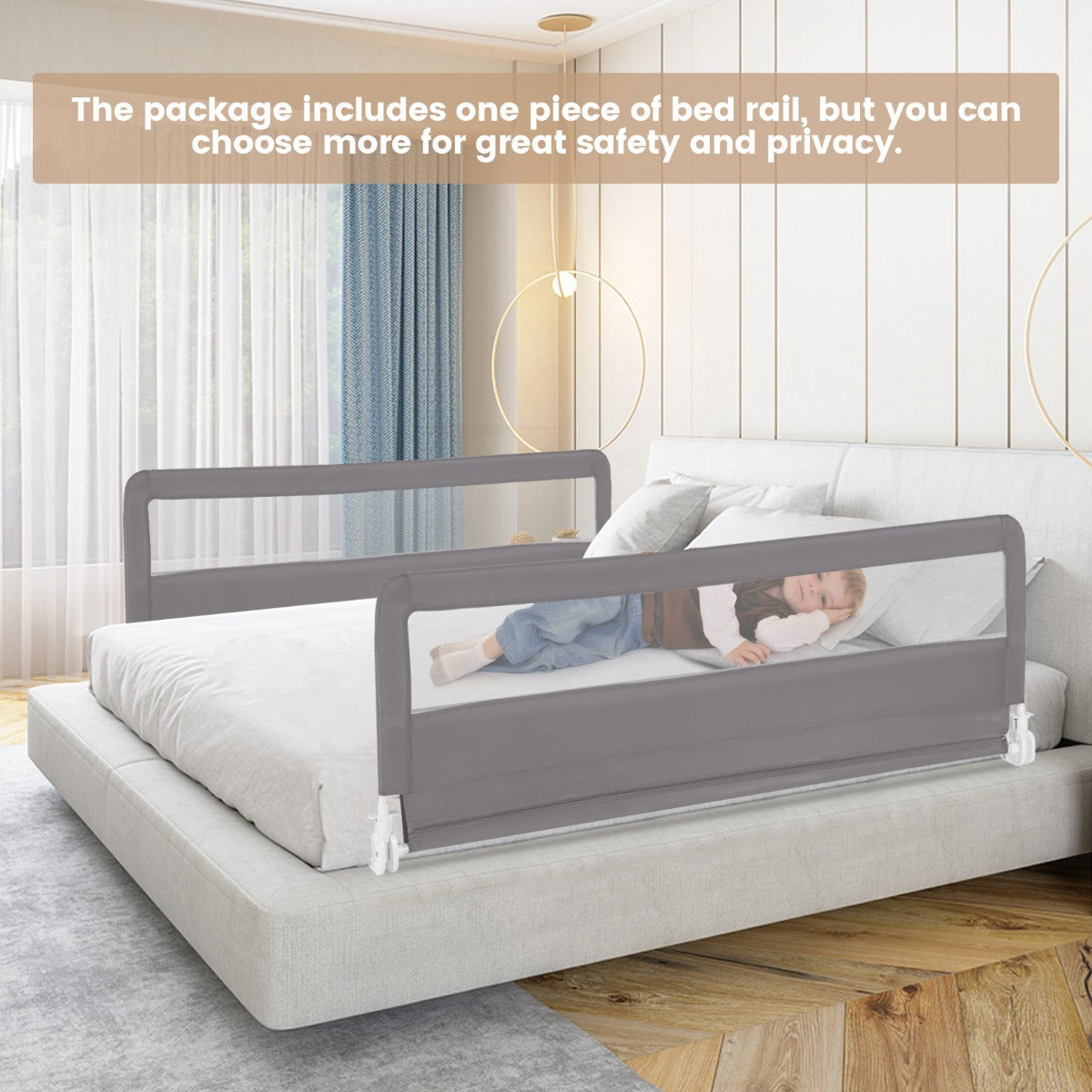 Foldable Mesh Bed Rail with Safety Straps for Toddlers-Grey