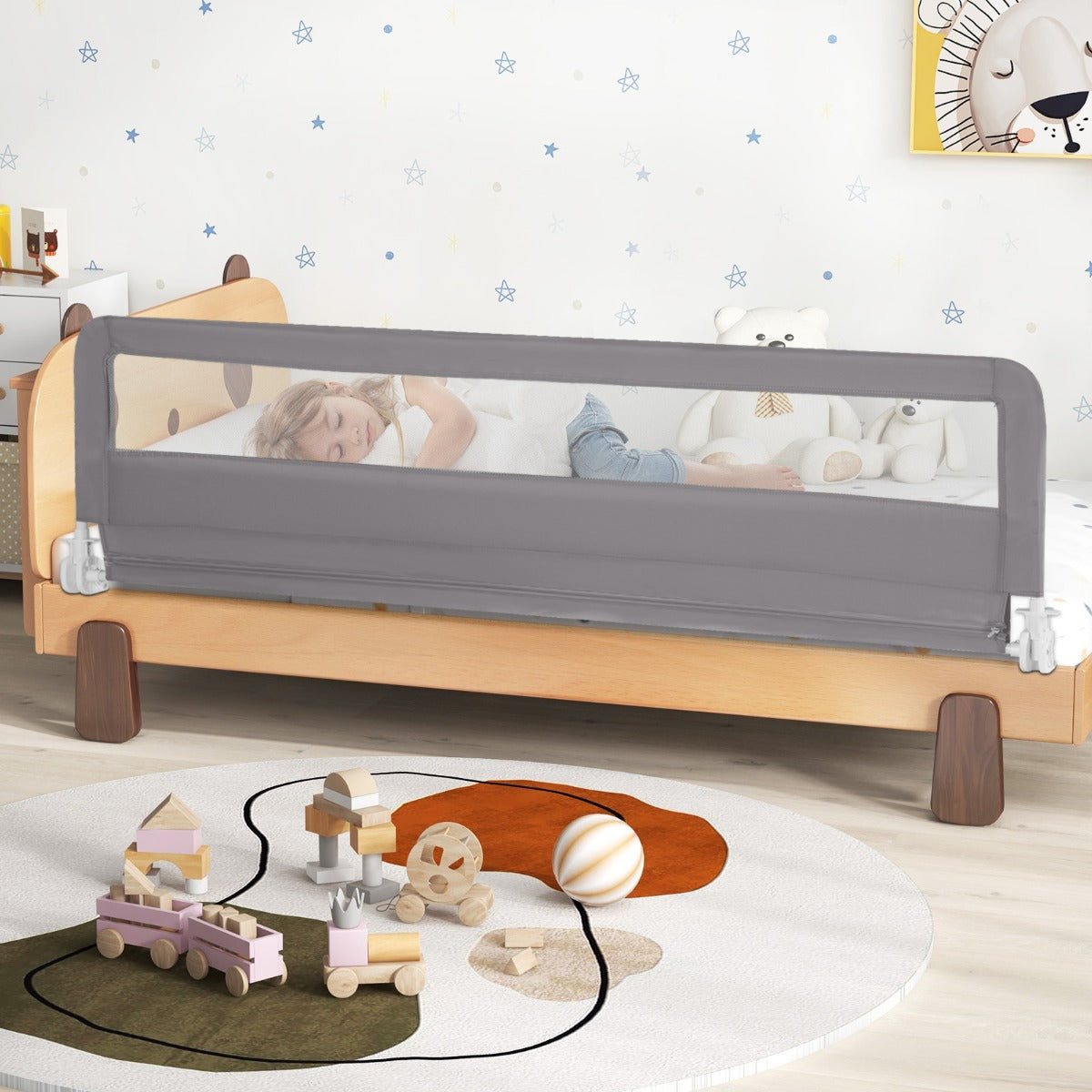Foldable Mesh Bed Rail with Safety Straps for Toddlers-Grey