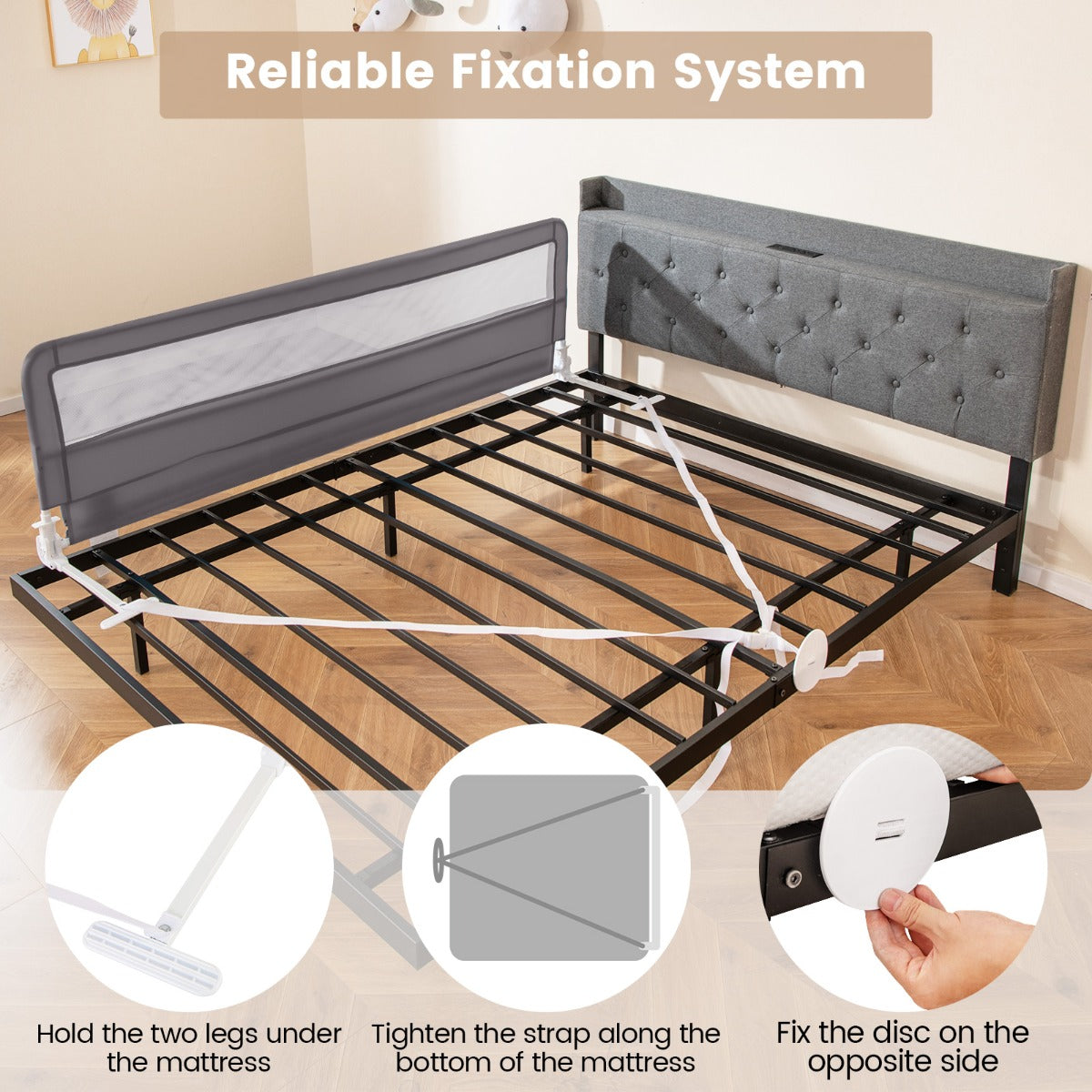 Foldable Mesh Bed Rail with Safety Straps for Toddlers-Grey