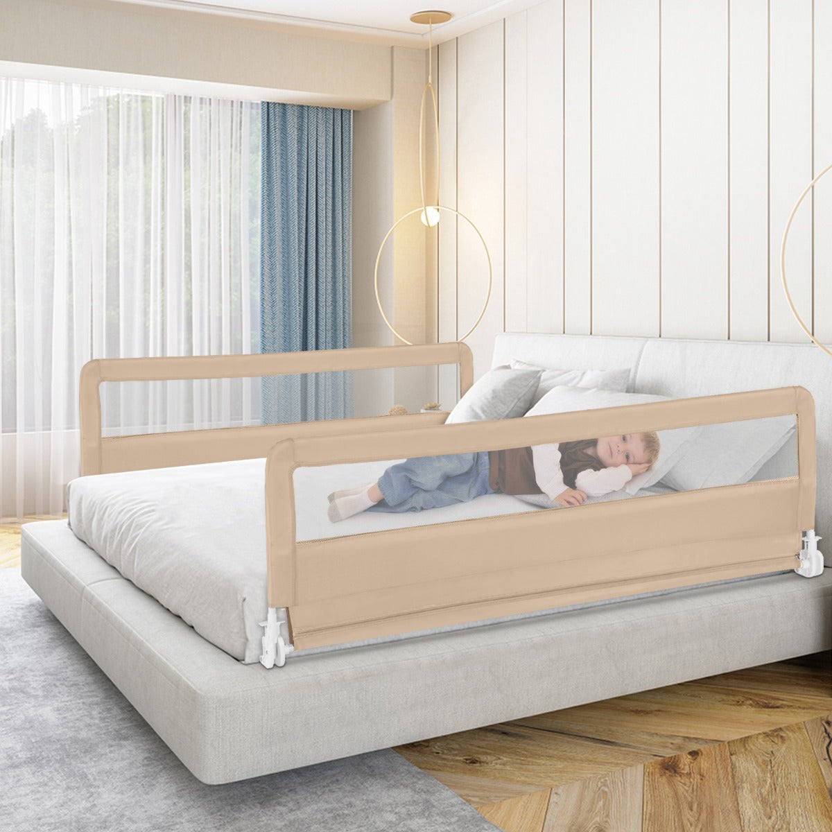 Foldable Mesh Bed Rail with Safety Straps for Toddlers-Beige