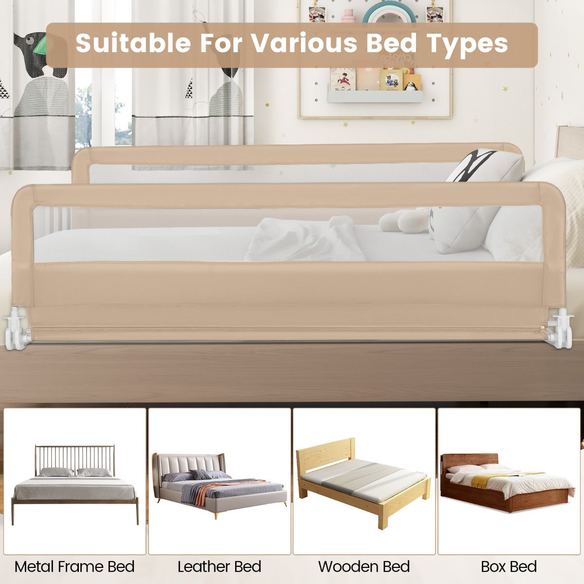 Foldable Mesh Bed Rail with Safety Straps for Toddlers-Beige