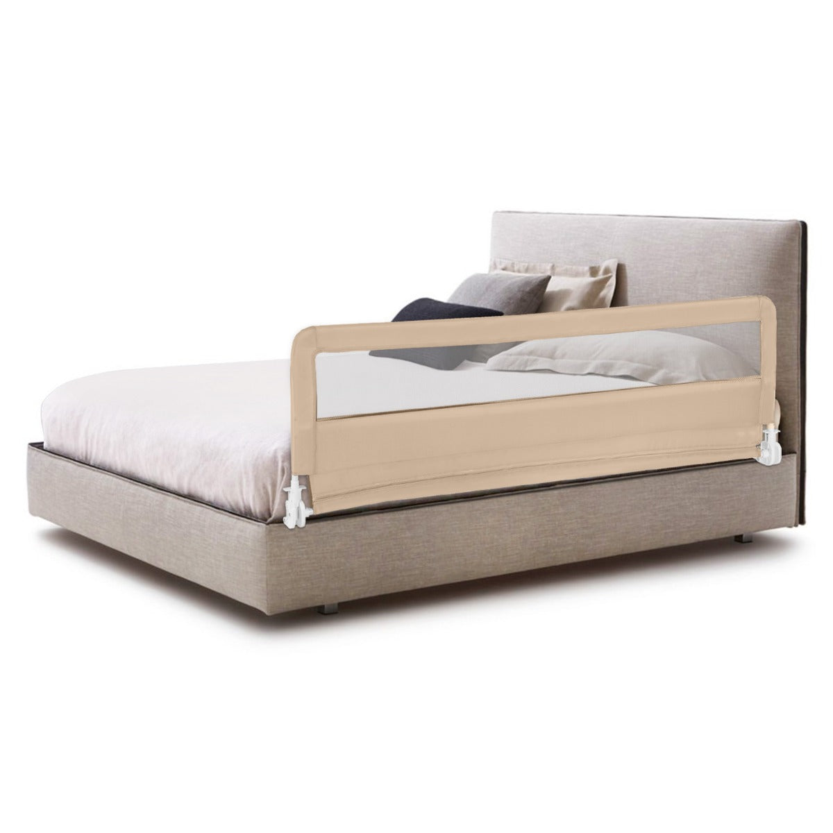 Foldable Mesh Bed Rail with Safety Straps for Toddlers-Beige