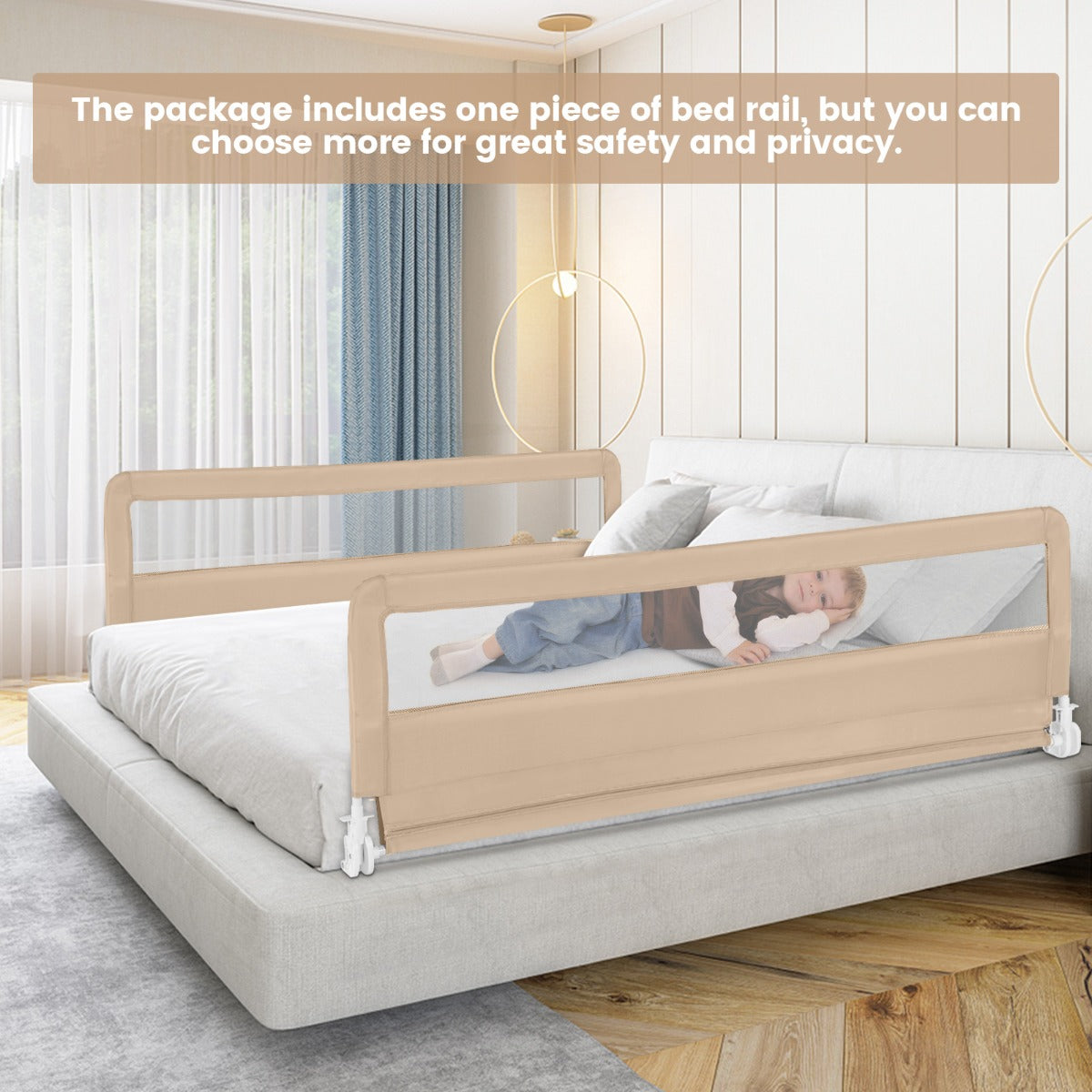 Foldable Mesh Bed Rail with Safety Straps for Toddlers-Beige