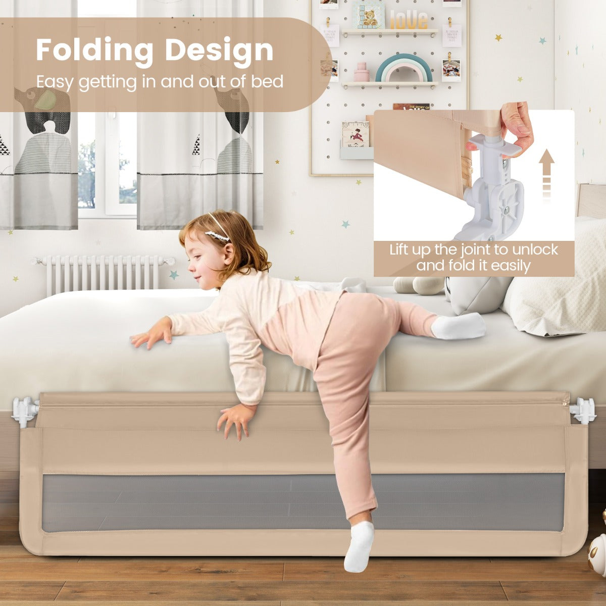 Foldable Mesh Bed Rail with Safety Straps for Toddlers-Beige
