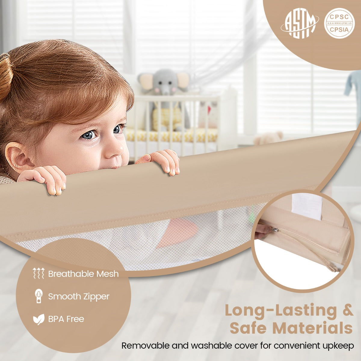 Foldable Mesh Bed Rail with Safety Straps for Toddlers-Beige