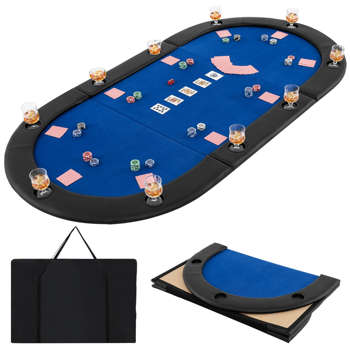 10-Player Foldable Padded Poker Table Top with Carrying Bag-Blue