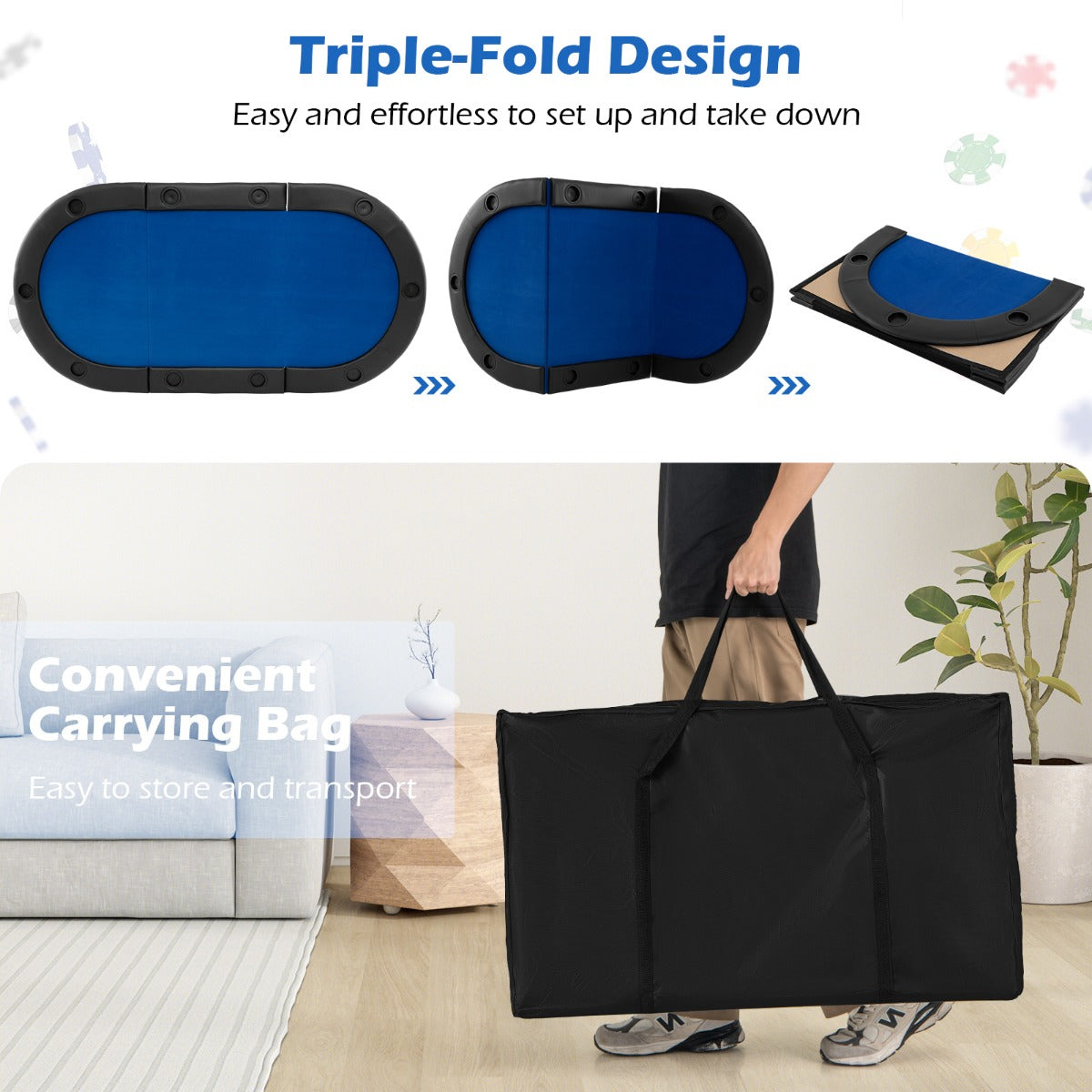 10-Player Foldable Padded Poker Table Top with Carrying Bag-Blue