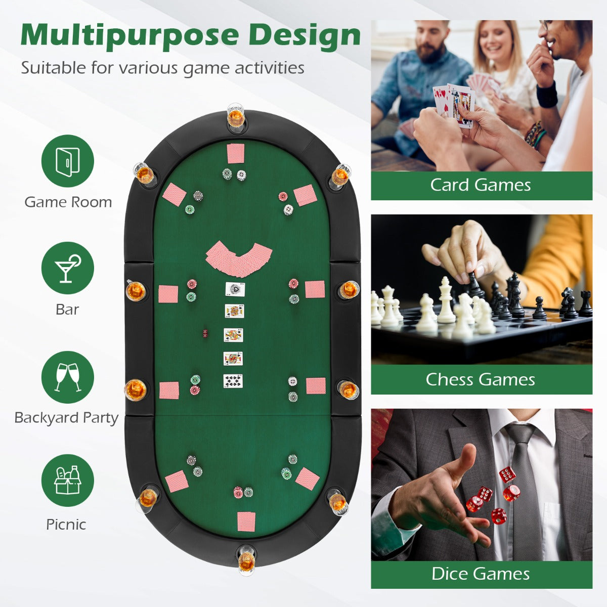 10-Player Foldable Padded Poker Table Top with Carrying Bag-Green