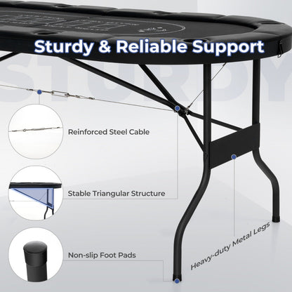 1.8m Foldable Poker Table with Padded Railings & Metal Cup Holders for 8 Players