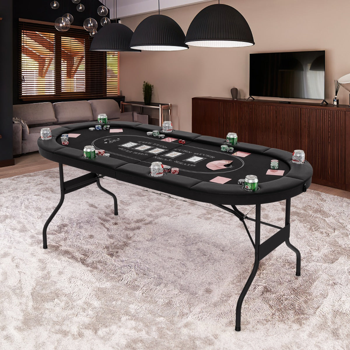 1.8m Foldable Poker Table with Padded Railings & Metal Cup Holders for 8 Players