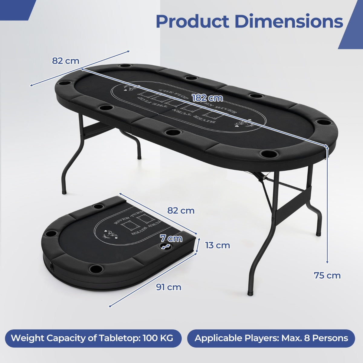 1.8m Foldable Poker Table with Padded Railings & Metal Cup Holders for 8 Players