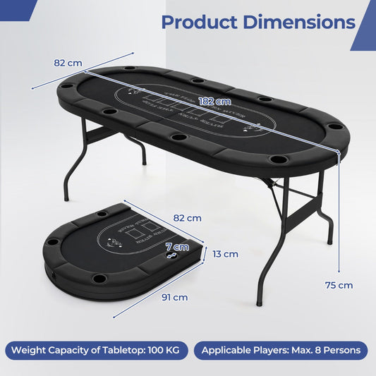 1.8m Foldable Poker Table with Padded Railings & Metal Cup Holders for 8 Players