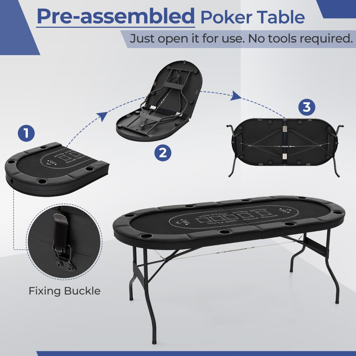 1.8m Foldable Poker Table with Padded Railings & Metal Cup Holders for 8 Players