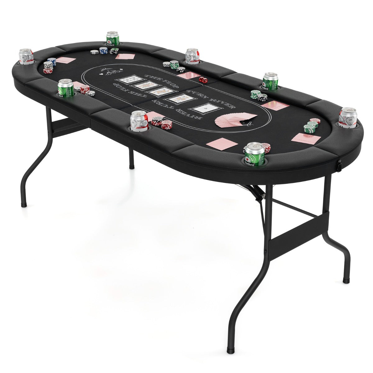 1.8m Foldable Poker Table with Padded Railings & Metal Cup Holders for 8 Players