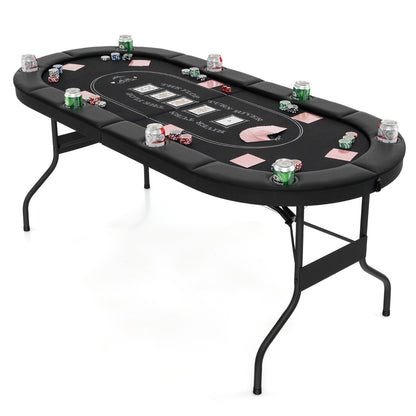 1.8m Foldable Poker Table with Padded Railings & Metal Cup Holders for 8 Players