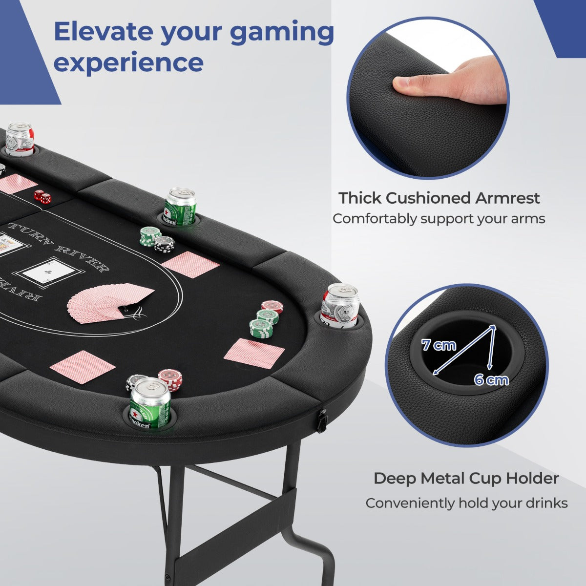 1.8m Foldable Poker Table with Padded Railings & Metal Cup Holders for 8 Players
