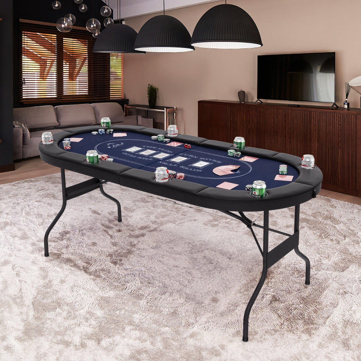 1.8m Foldable Poker Table for 8 Players with Cup Holders and Padded Railings