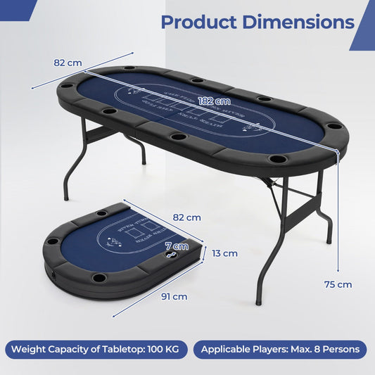 1.8m Foldable Poker Table for 8 Players with Cup Holders and Padded Railings