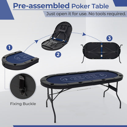 1.8m Foldable Poker Table for 8 Players with Cup Holders and Padded Railings