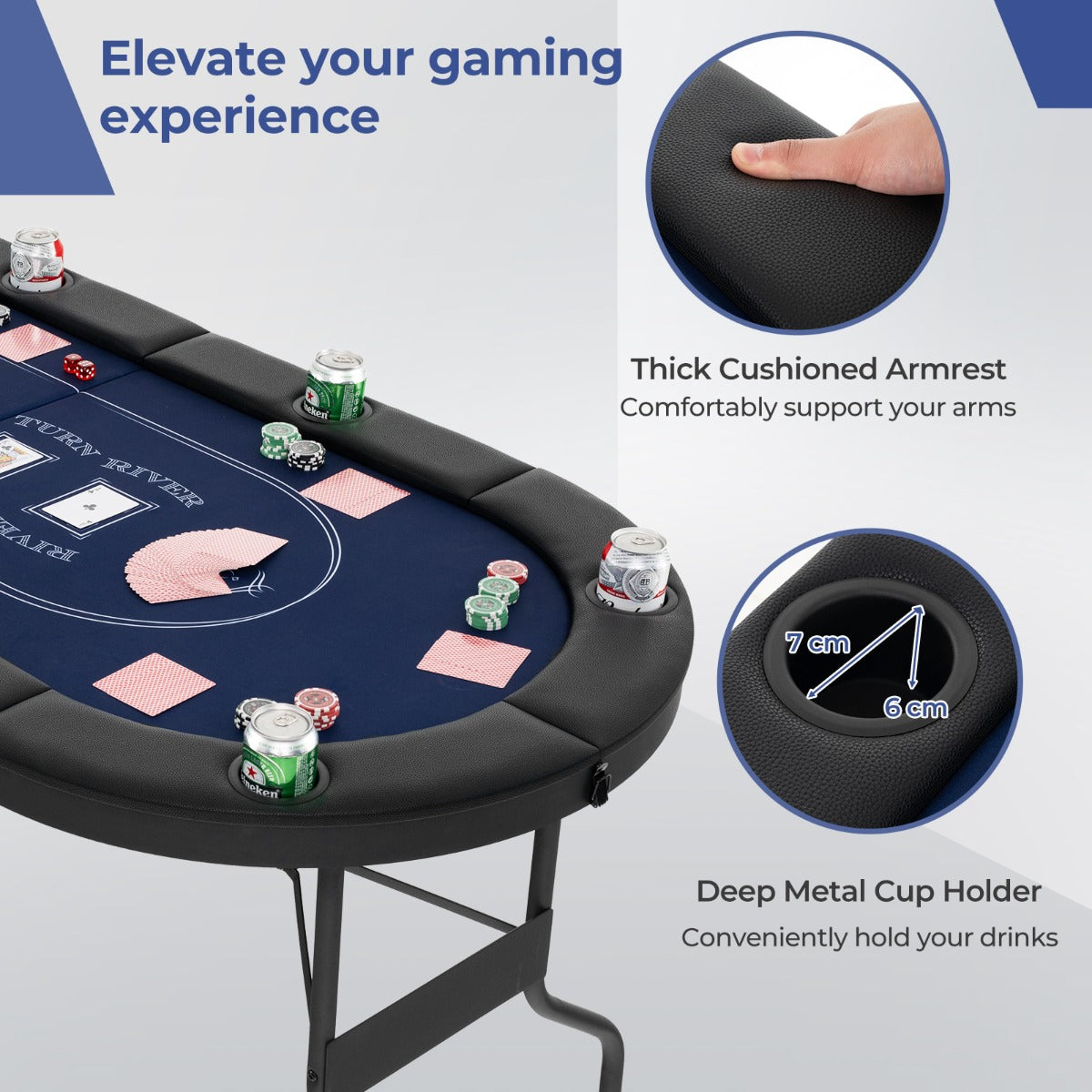 1.8m Foldable Poker Table for 8 Players with Cup Holders and Padded Railings