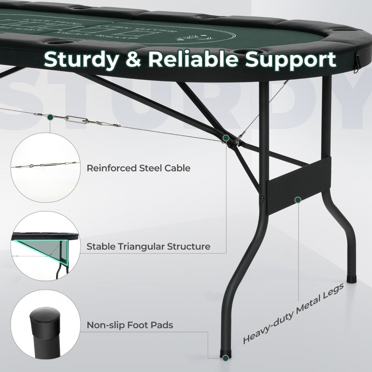 1.8m Foldable Poker Table for 8 Players with Cushioned Armrests and Cup Holders