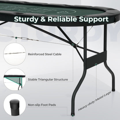 1.8m Foldable Poker Table for 8 Players with Cushioned Armrests and Cup Holders