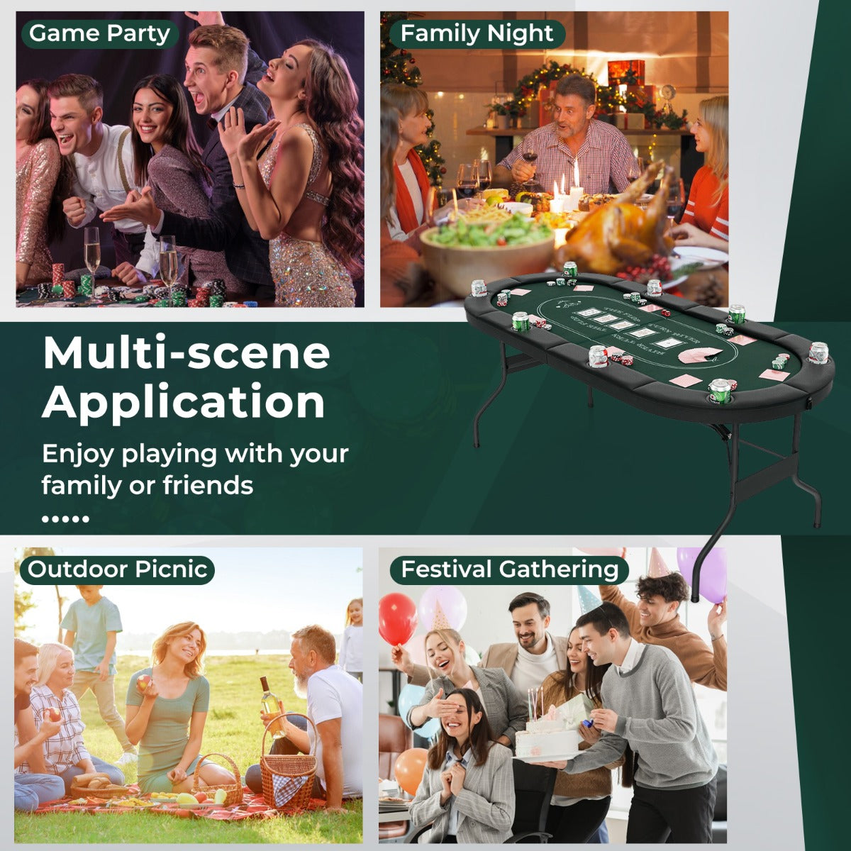 1.8m Foldable Poker Table for 8 Players with Cushioned Armrests and Cup Holders