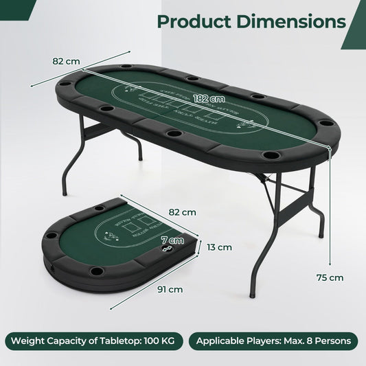 1.8m Foldable Poker Table for 8 Players with Cushioned Armrests and Cup Holders