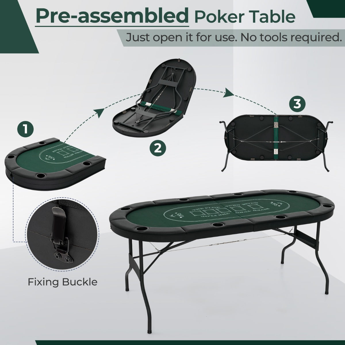 1.8m Foldable Poker Table for 8 Players with Cushioned Armrests and Cup Holders
