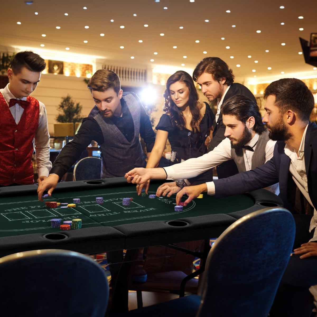 1.8m Foldable Poker Table for 8 Players with Cushioned Armrests and Cup Holders