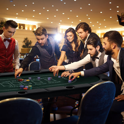 1.8m Foldable Poker Table for 8 Players with Cushioned Armrests and Cup Holders